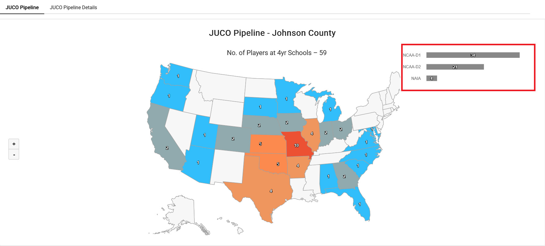 A program's individual JUCO Pipeline tab showing alumni counts by division on a map view